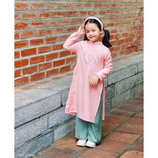 [HÀNG CAO CẤP] Áo dài Tết bé gái chất liệu nhung tăm organza thêu nguyệt quế mèo