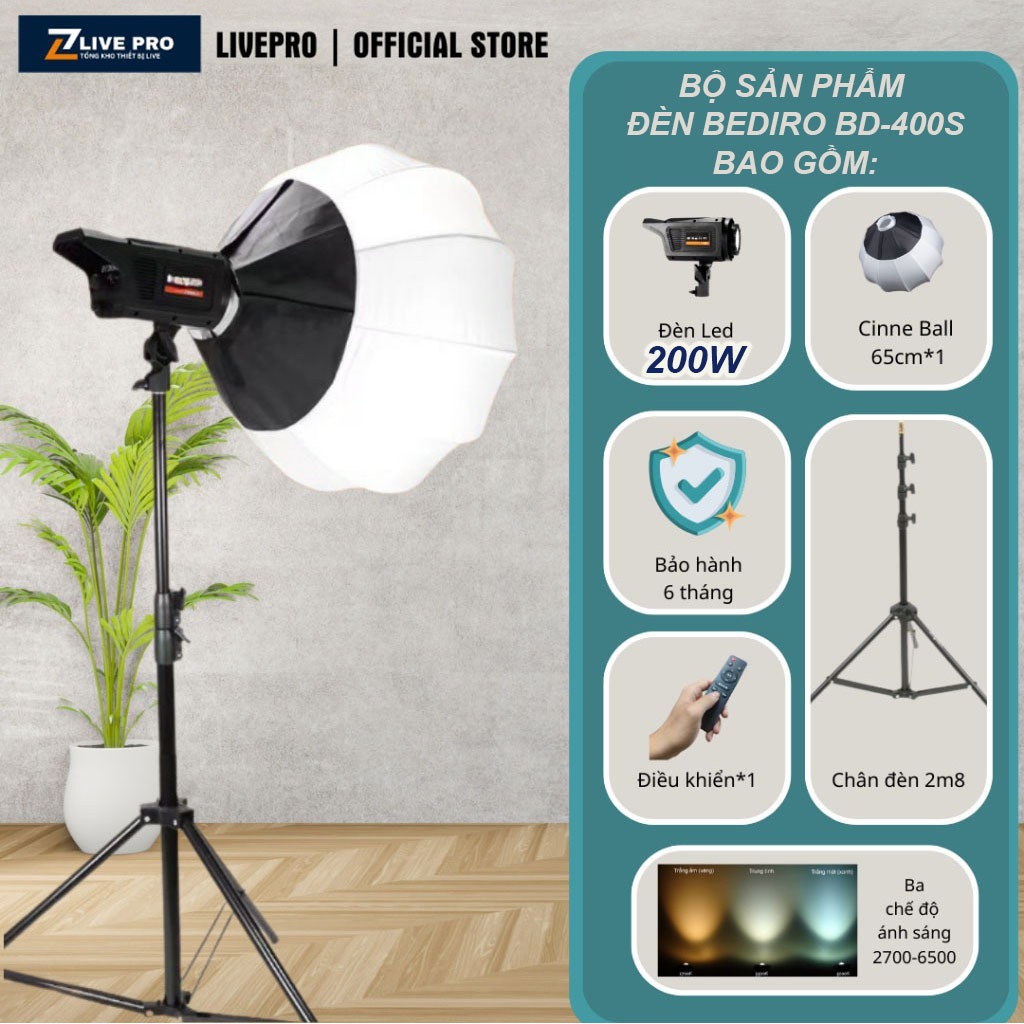 Bộ Đèn Chụp Studio Hình Cầu Bediro BD-400S chụp ảnh quay video livestream chuyên nghiệp, Bộ đèn Ngàm Softbox trợ sáng