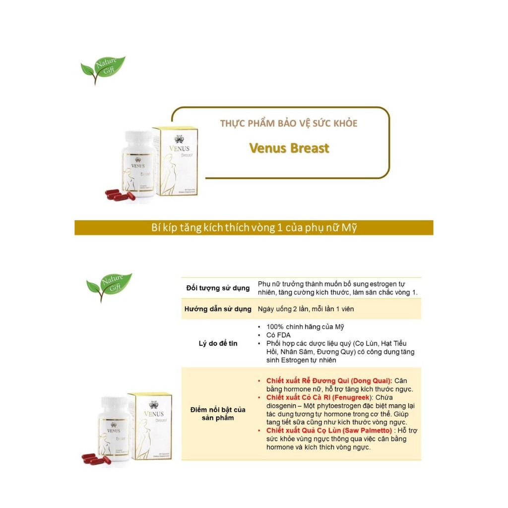 Tăng vòng 1 VENUS BREAST (CHÍNH HÃNG MỸ) viên uống nở ngực và  săn chắc hơn. Lọ 60 viên