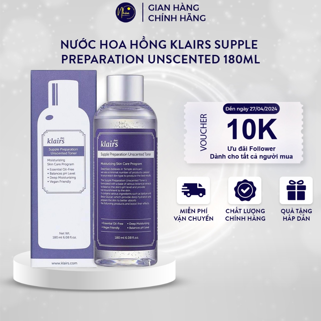 Nước hoa hồng Klairs Supple Preparation Facial / Unscented 180ml