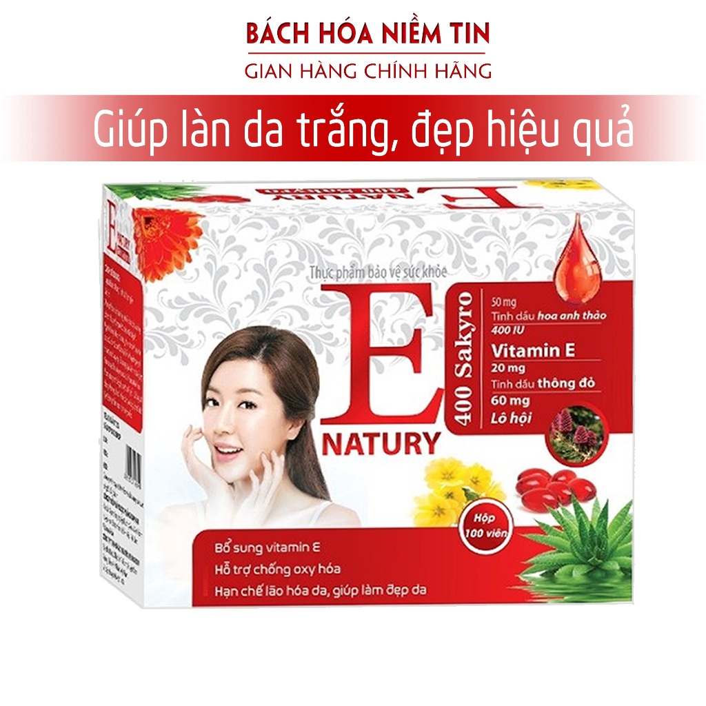 Vitamin E 400 Sakyro Natury 100 viên - Nha đam thông đỏ - chống lão hóa làm đẹp da, ngừa sạm da, nhăn da hiệu quả