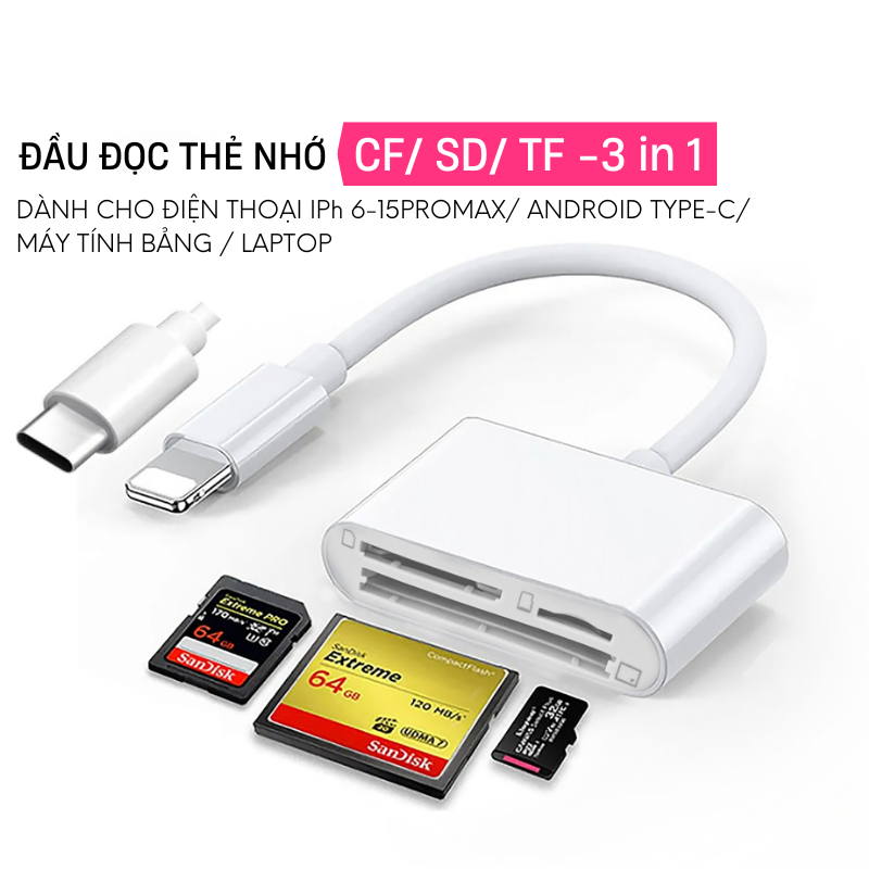 Đầu đọc thẻ CF SD TF 3 trong 1 dành cho điện thoại IPh 6-15promaxxx, android Type c, Máy tính bảng và laptop