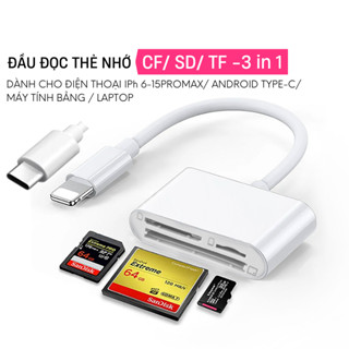Đầu đọc thẻ CF SD TF 3 trong 1 dành cho điện thoại IPh 6-15promaxxx, android Type c, Máy tính bảng và laptop