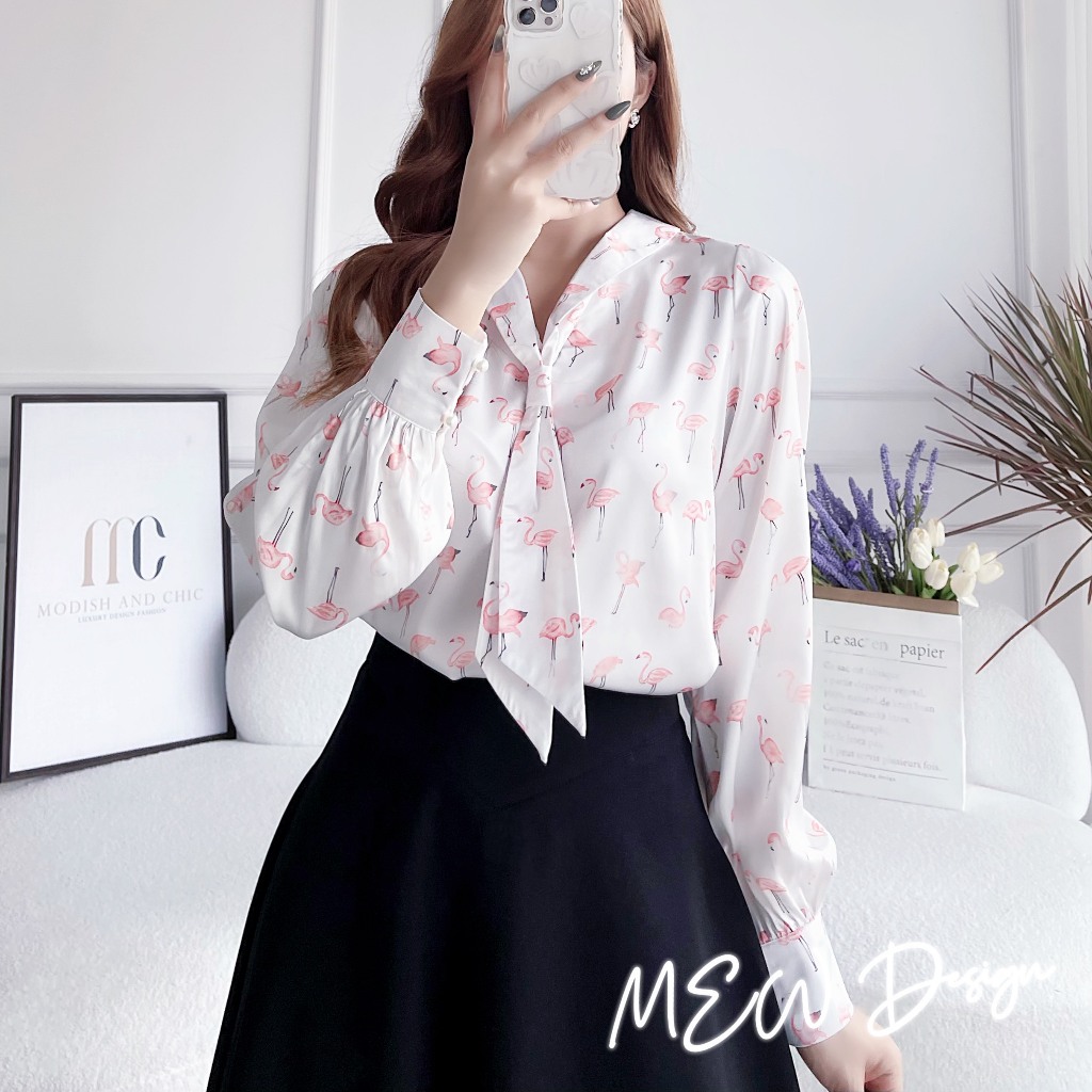 Áo sơ mi nữ công sở cổ nơ tay dài hàng thiết kế Mew Design