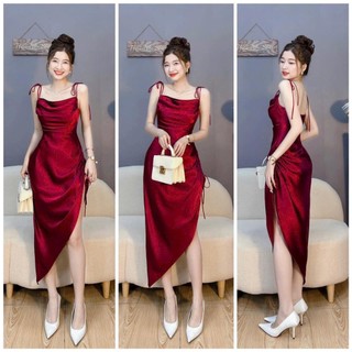 Đầm 2 dây phong cách sexy váy xẻ tà dây rút 1 bên chất lụa satin có lót