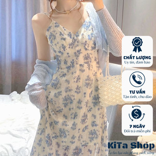 Set đầm nữ hai dây dáng dài KiTa Shop cổ V phong cách Hàn Quốc hoạ tiết hoa nhí