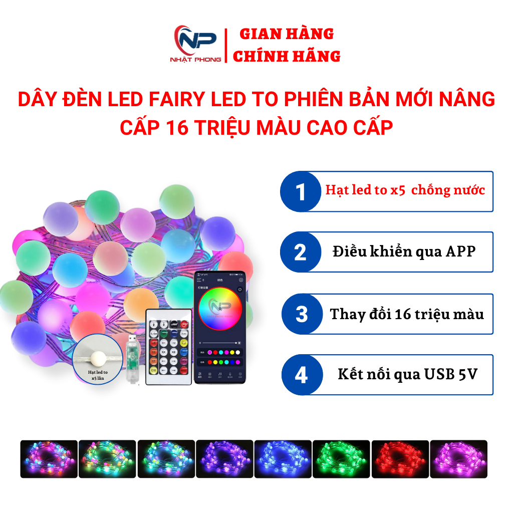 Dây đèn led Luckilight SHOP NHẬT PHONG led bóng to 16 triệu màu nháy theo nhạc chịu lực chống nước trang trí noel,tết..t