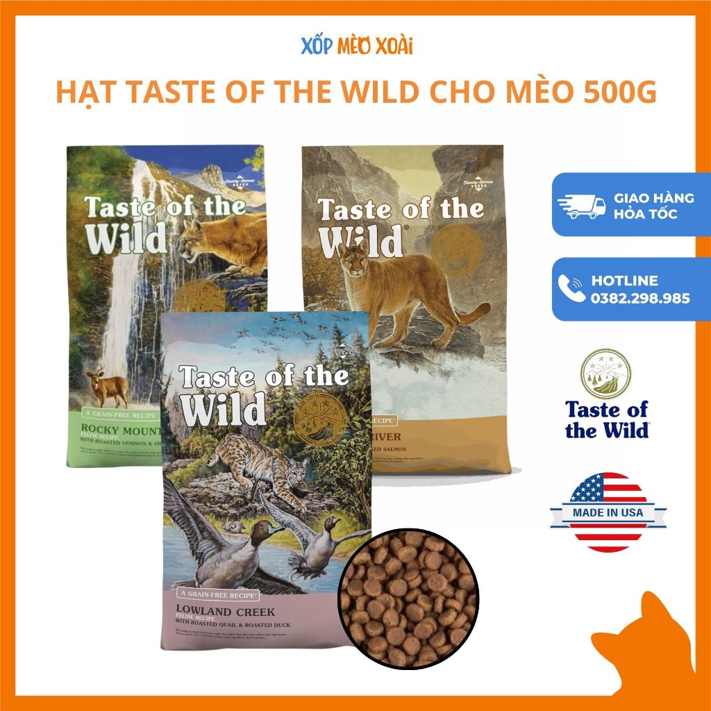 Hạt Cao Cấp TASTE OF THE WILD Cho Mèo 500G - Thương hiệu hàng đầu đến từ Mỹ - Thức ăn khô cho mèo mọi lứa tuổi