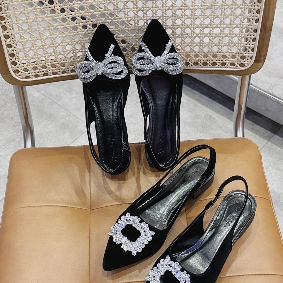 giày cao gót vải nhung mũi nhọn gắn nơ đá vuông đế khoảng 3cm (form rộng)