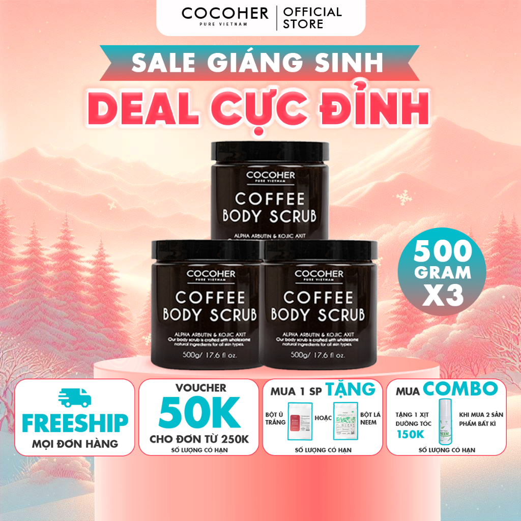 Combo 3 Tẩy Tế Bào Chết Body 500G COCOHER Cà Phê Hữu Cơ, Mềm Mịn Sáng Da Toàn Thân