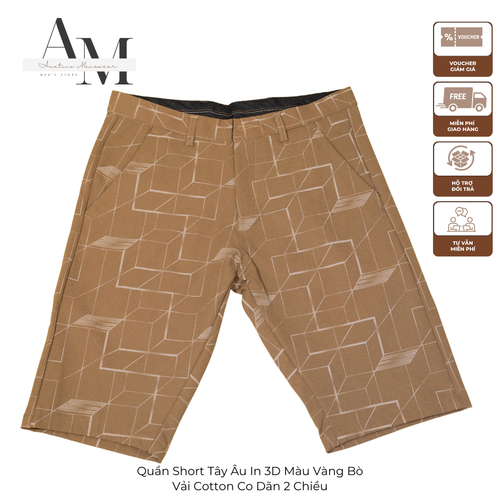 Quần Short Nam Tây Âu Avatino Menswear In 3D Màu Vàng Bò, Vải Cotton 2 Chiều Co Dãn Cao Cấp