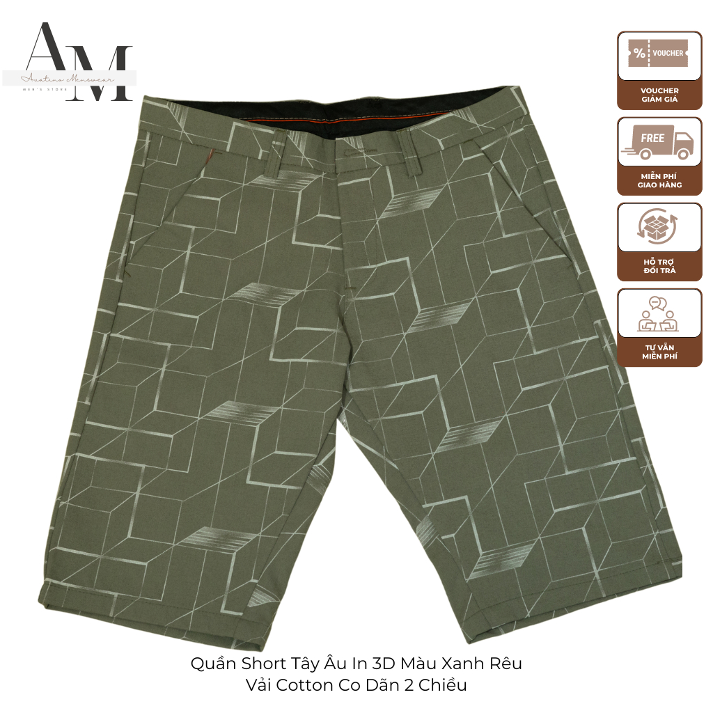 Quần Short Nam Tây Âu Avatino Menswear In 3D Màu Xanh Rêu, Vải Cotton 2 Chiều Co Dãn Cao Cấp