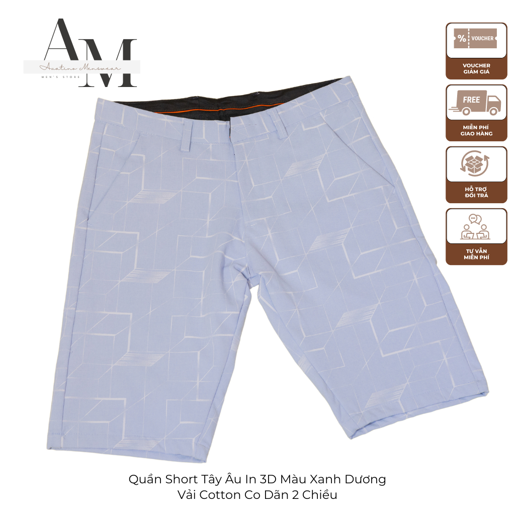 Quần Short Nam Tây Âu Avatino Menswear In 3D Màu Xanh Dương, Vải Cotton 2 Chiều Co Dãn Cao Cấp