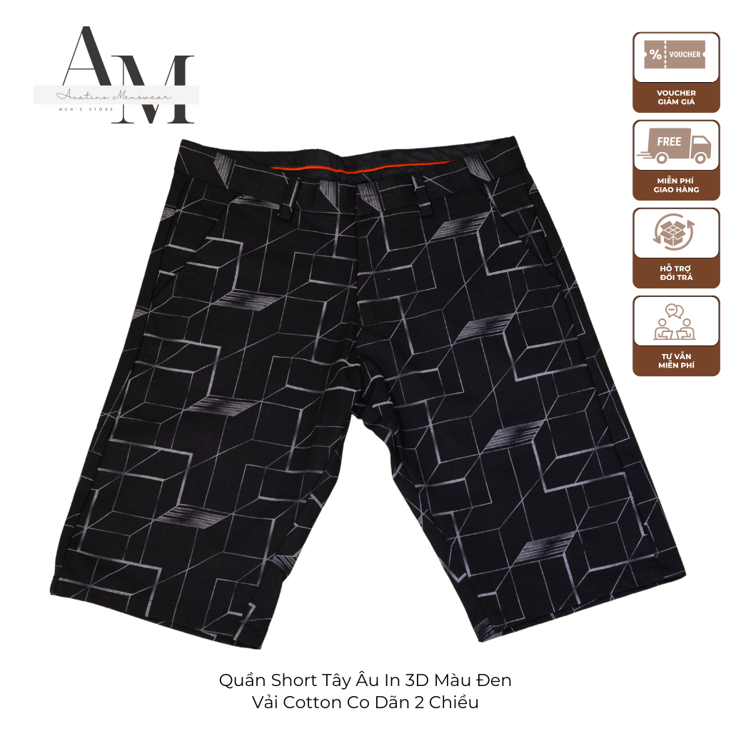 Quần Short Nam Tây Âu Avatino Menswear In 3D Màu Đen, Vải Cotton 2 Chiều Co Dãn Cao Cấp