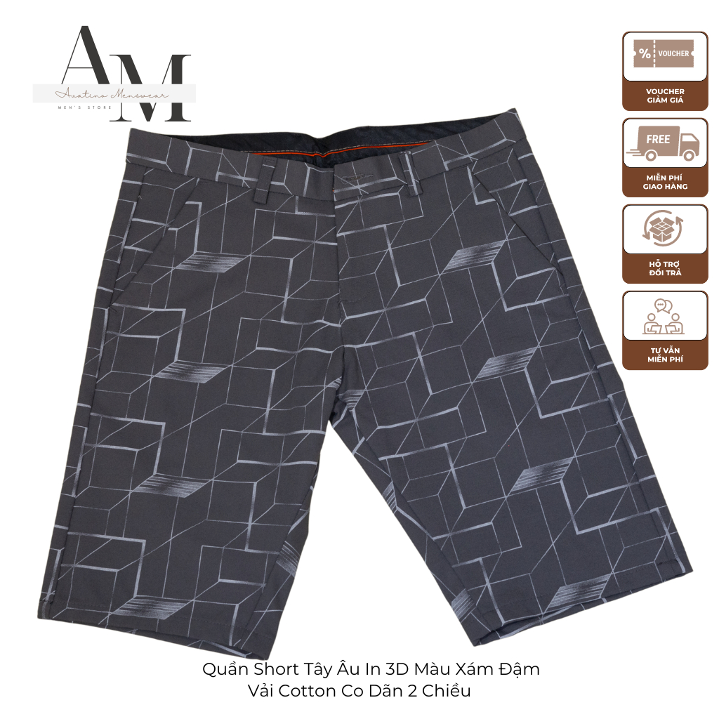 Quần Short Nam Tây Âu Avatino Menswear In 3D Màu Xám Đậm, Vải Cotton 2 Chiều Co Dãn Cao Cấp