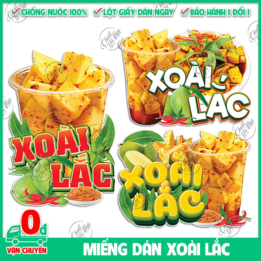 Miếng dán XOÀI LẮC muối ớt sticker trang trí xe đẩy dán tường decal trang trí quán ăn vặt ẩm thực đường phố trái cây