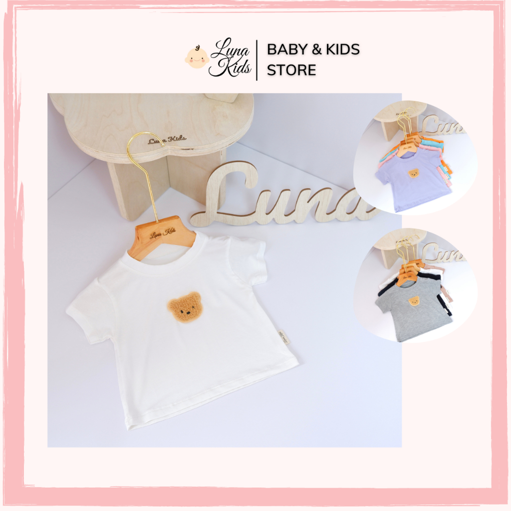 Áo phông cộc tay đính gấu thêu chất liệu peptit sợi tre cho bé trai, bé gái - A01 - LunaKids [Ảnh thật]
