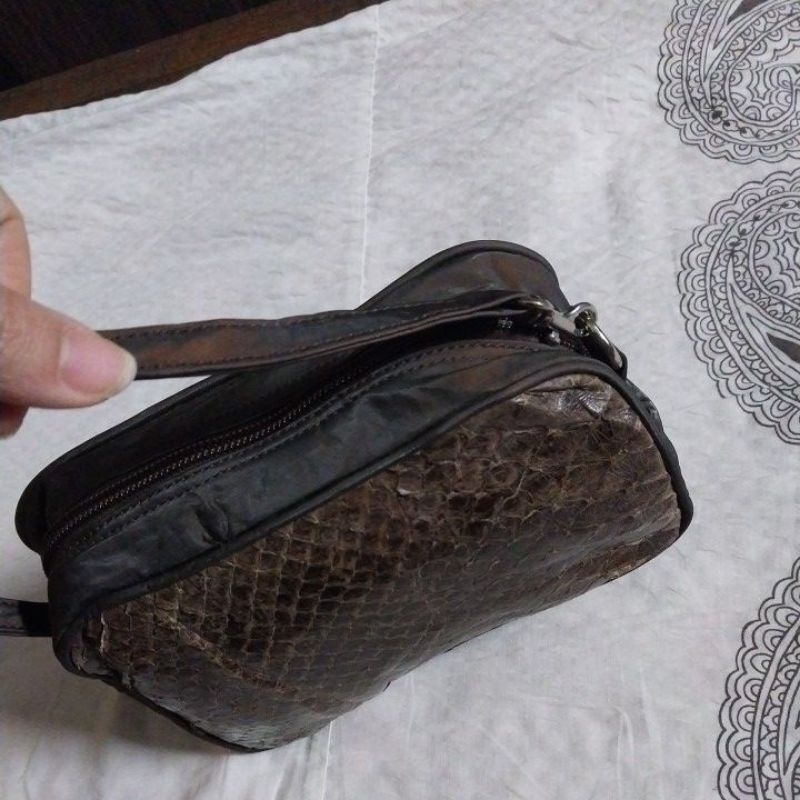 Túi quai xách, clutch da trăn thật phối dù size 20 vừa điện thoại si Nhật