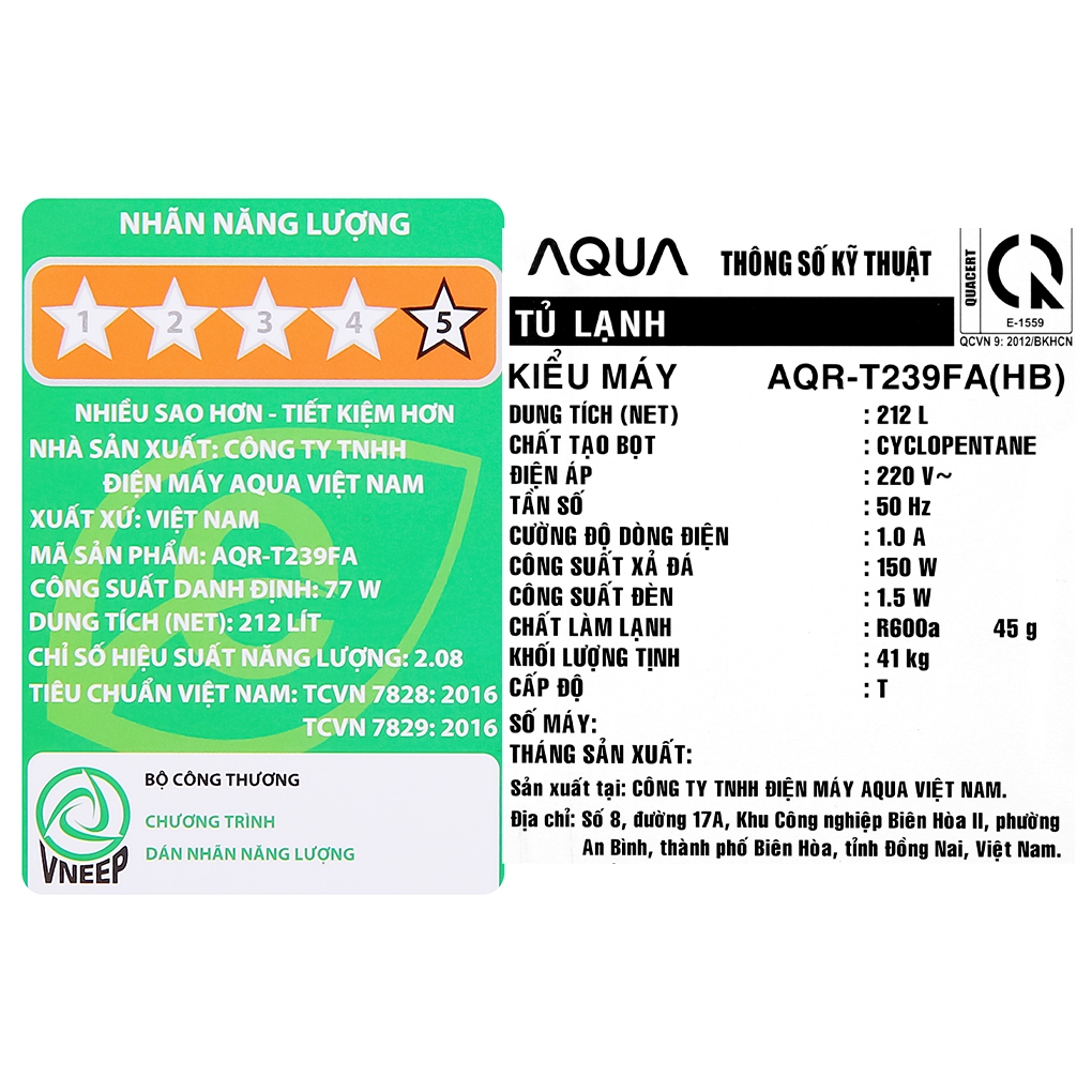 TỦ LẠNH AQUA INVERTER 212 LÍT AQR-T239FA 2021