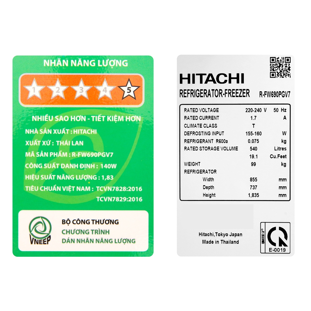 TỦ LẠNH HITACHI INVERTER 540 LÍT R-FW690PGV7X GBW