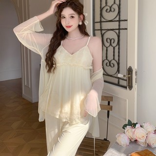 Bộ ngủ dễ thương ba món lụa ren cao cấp - L015