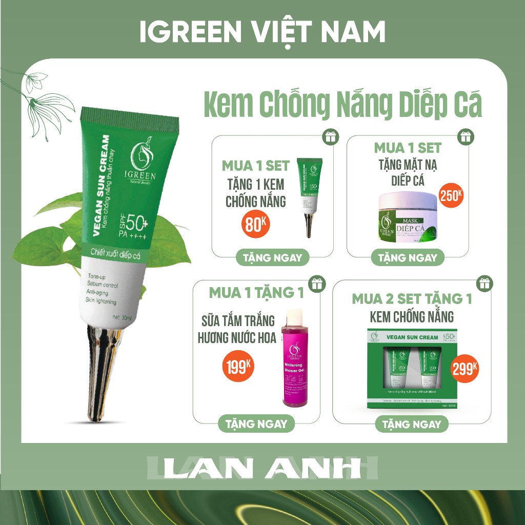Kem Chống Nắng Thuần Chay Nâng Tone Chiết Xuất Diếp Cá IGREEN – 60ml SPF 50+ PA ++++