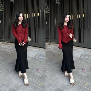 Set váy nữ áo body len tăm vạt chéo tay loe viền bèo mix chân váy đuôi cá dáng dài màu đen freesize cao cấp