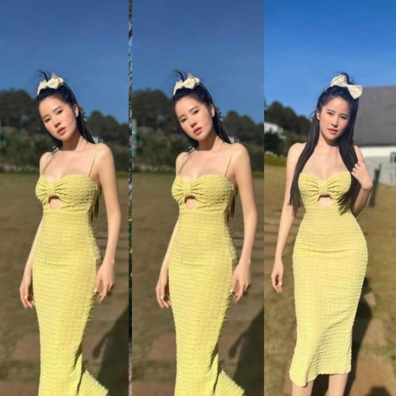 Chất thun xốp mềm from ôm body, Đầm xốp 2 dây nơ ngực đi tiệc