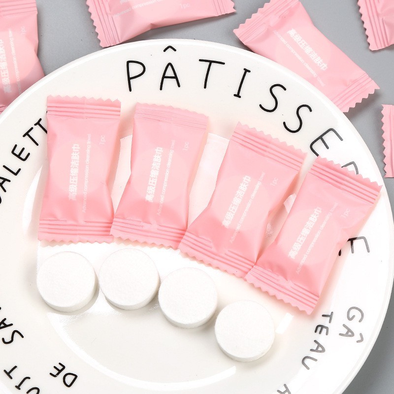 Khăn Giấy Nén Hình Viên Kẹo Hồng Du Lịch Tập Gym Yoga Thể thao Đi Chơi Tiện Lợi Khăn Lau Mặt Dùng 1 Lần Tiện Dụng