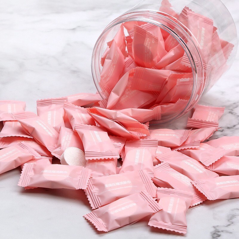 Khăn Giấy Nén Hình Viên Kẹo Hồng Du Lịch Tập Gym Yoga Thể thao Đi Chơi Tiện Lợi Khăn Lau Mặt Dùng 1 Lần Tiện Dụng