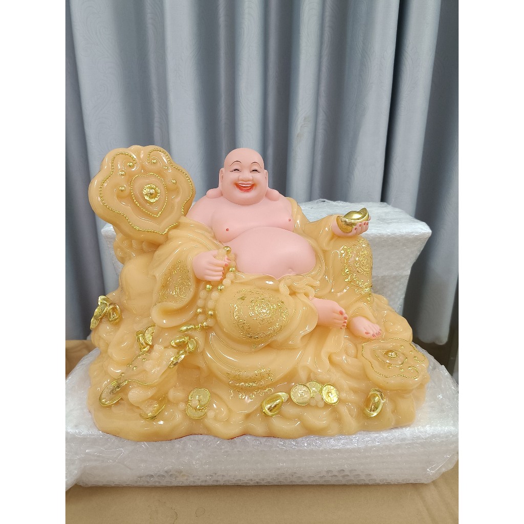 Tượng Phật Di Lặc ngồi gậy như ý 16 inch cao 27cm ngang 37cm sâu 25cm