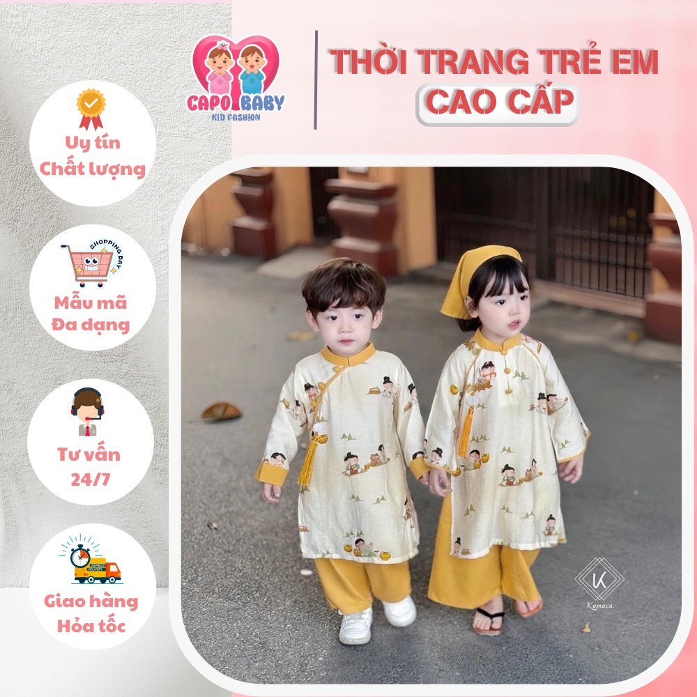 Áo Dài Tơ Lụa cặp Dành Cho Bé Trai Bé Gái, Áo Dài Tơ Vàng Tay Lỡ Kèm Quần Lụa Cho Bé Từ 8-18kg
