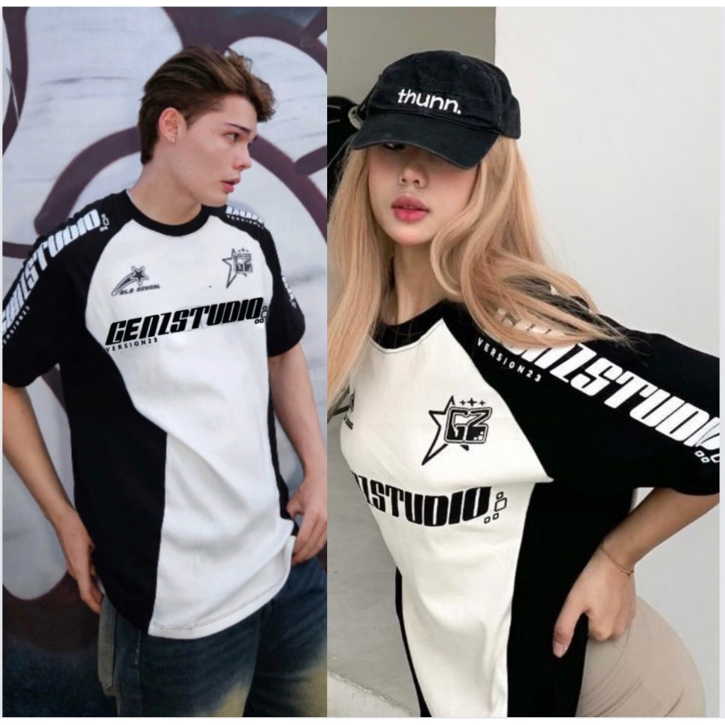 Áo Thun GENZ STUDIO phối màu trắng đen Nam Nữ Unisex Áo Phông Form Rộng Tay Lỡ, AT156 trending xu hướng, Men Lì Fashion