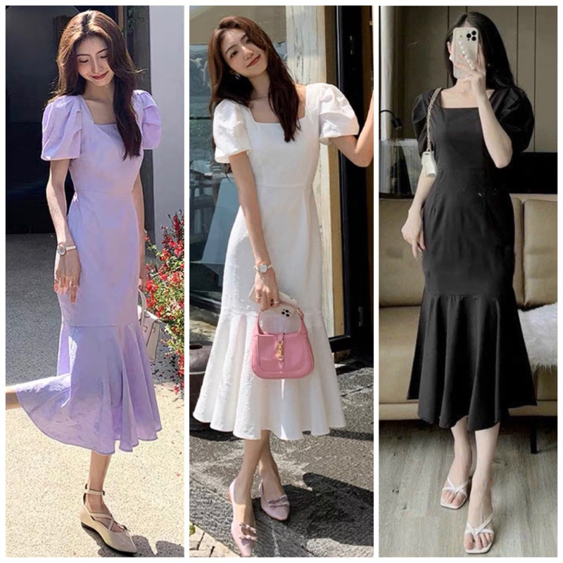 Đầm váy freesize midi cổ vuông đuôi cá 3 màu