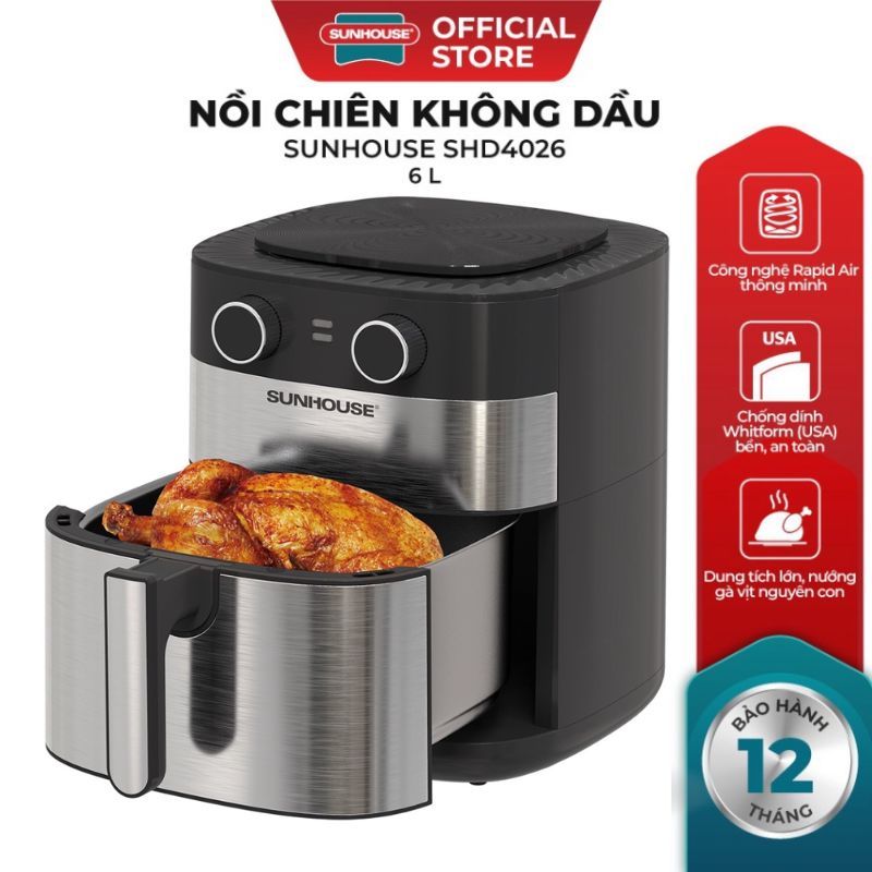 Nồi chiên không dầu 6.0L Sunhouse SHD4026 Công suất 1750W công nghệ Rapid Air tiên tiến