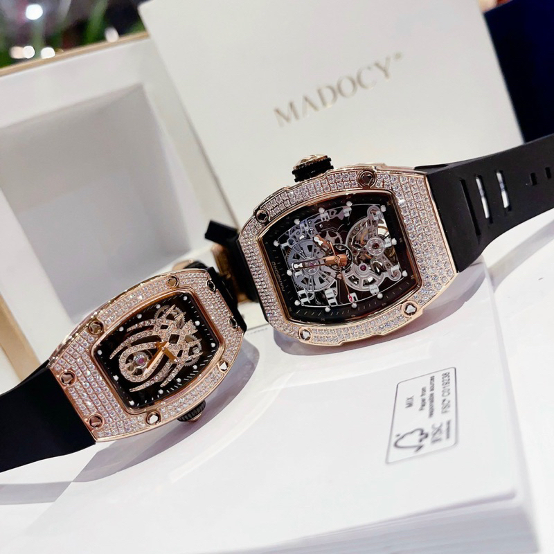 Đồng Hồ cặp nam nữ Hanboro By Huboler đính đá chính hãng dây cao su đen