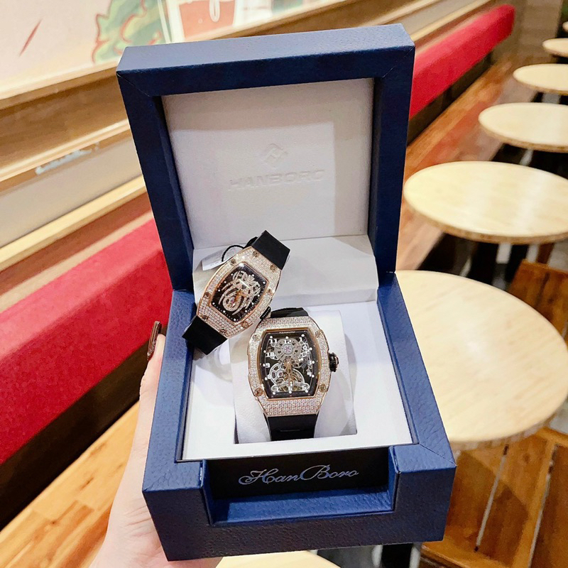 Đồng Hồ cặp nam nữ Hanboro By Huboler đính đá chính hãng dây cao su đen