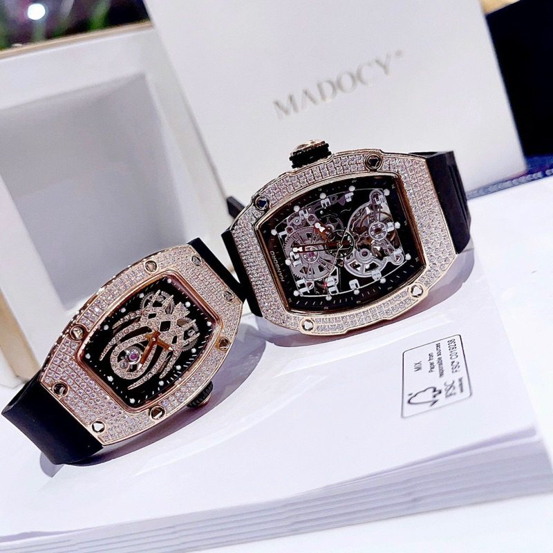 Đồng Hồ cặp nam nữ Hanboro By Huboler đính đá chính hãng dây cao su đen