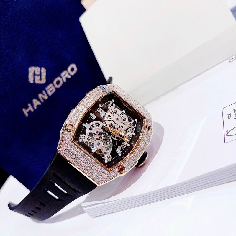 Đồng Hồ cặp nam nữ Hanboro By Huboler đính đá chính hãng dây cao su đen