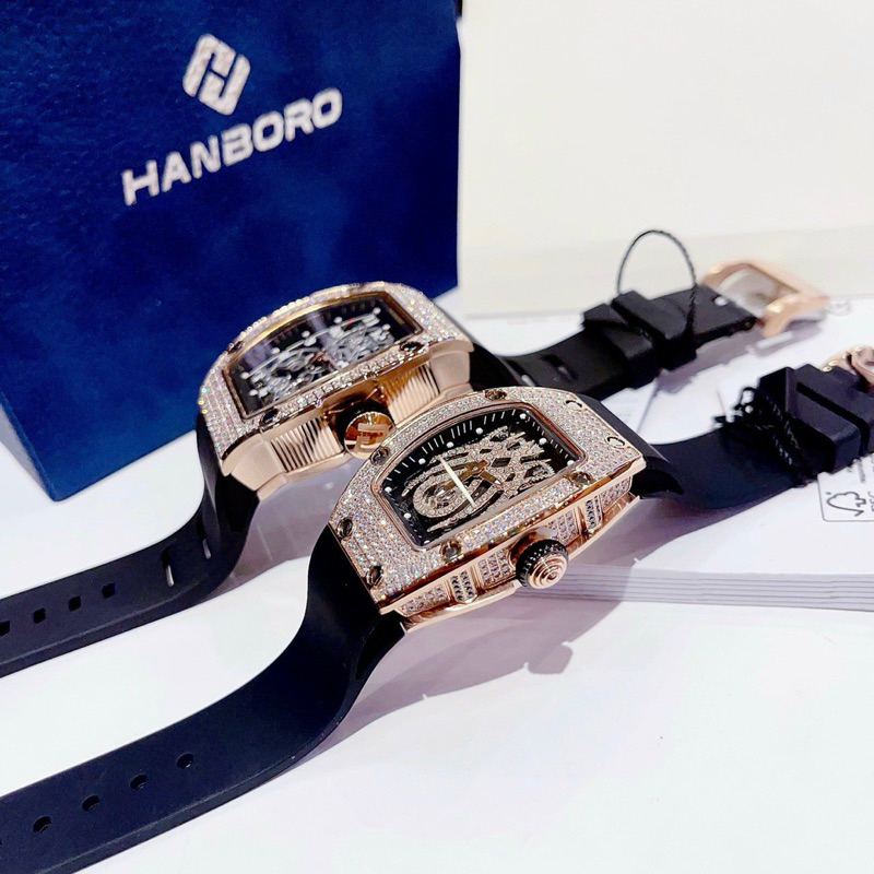 Đồng Hồ cặp nam nữ Hanboro By Huboler đính đá chính hãng dây cao su đen