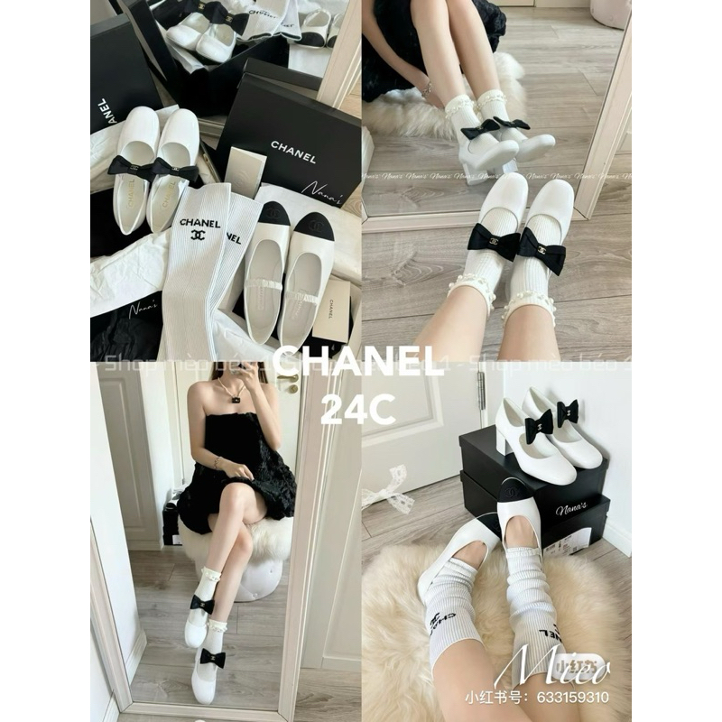 Giày búp bê logo nhí quai nơ ngang mũi tròn gót trụ fullbox