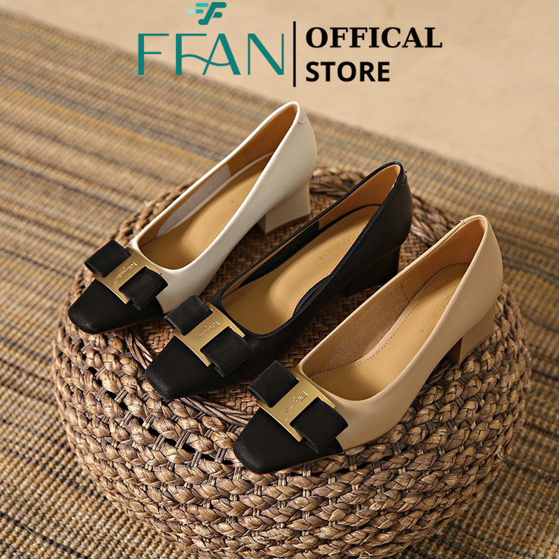 Giày nữ đế vuông mũi vuông  mềm mại, cao gót bít mũi 4 phân đính khóa A62 big size màu đen be trắng FFAN STORE