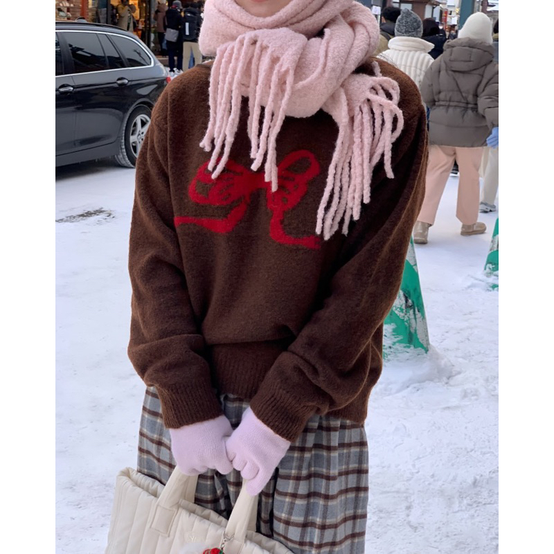 Obiloveyouu - Áo len nơ đỏ Red Bow Knitwear