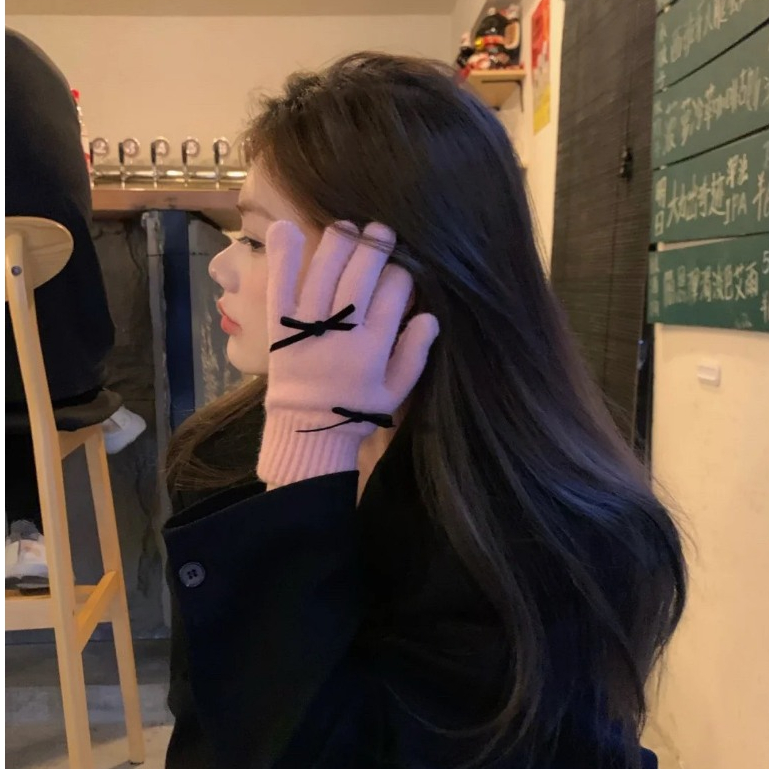 Găng tay len nữ Găng tay mùa đông giữ ấm đi xe máy, bao tay nữ hình nơ gấu ngôi sao gang tay vải chống lạnh mùa đông