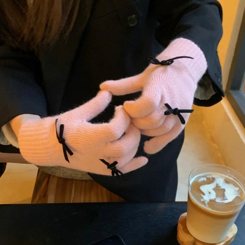 Găng tay len nữ Găng tay mùa đông giữ ấm đi xe máy, bao tay nữ hình nơ gấu ngôi sao gang tay vải chống lạnh mùa đông