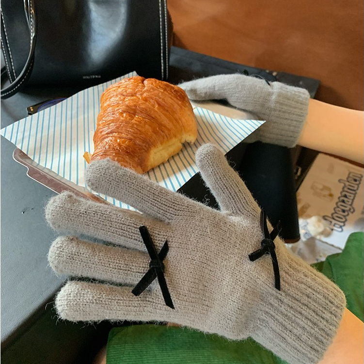 Găng tay len nữ Găng tay mùa đông giữ ấm đi xe máy, bao tay nữ hình nơ gấu ngôi sao gang tay vải chống lạnh mùa đông