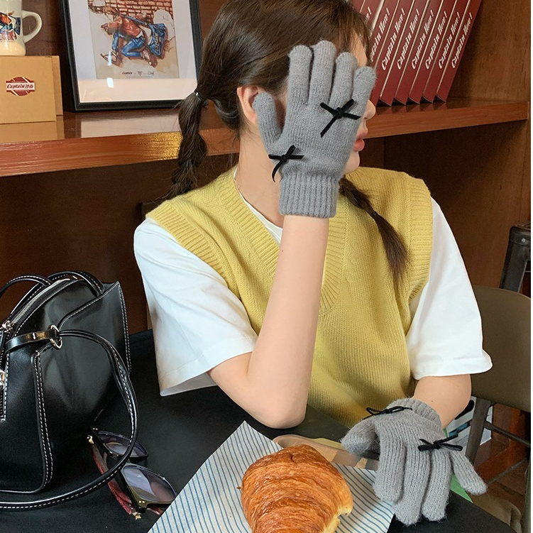 Găng tay len nữ Găng tay mùa đông giữ ấm đi xe máy, bao tay nữ hình nơ gấu ngôi sao gang tay vải chống lạnh mùa đông