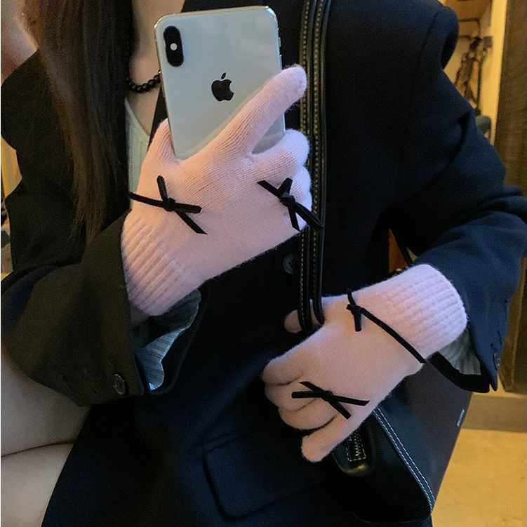 Găng tay len nữ Găng tay mùa đông giữ ấm đi xe máy, bao tay nữ hình nơ gấu ngôi sao gang tay vải chống lạnh mùa đông