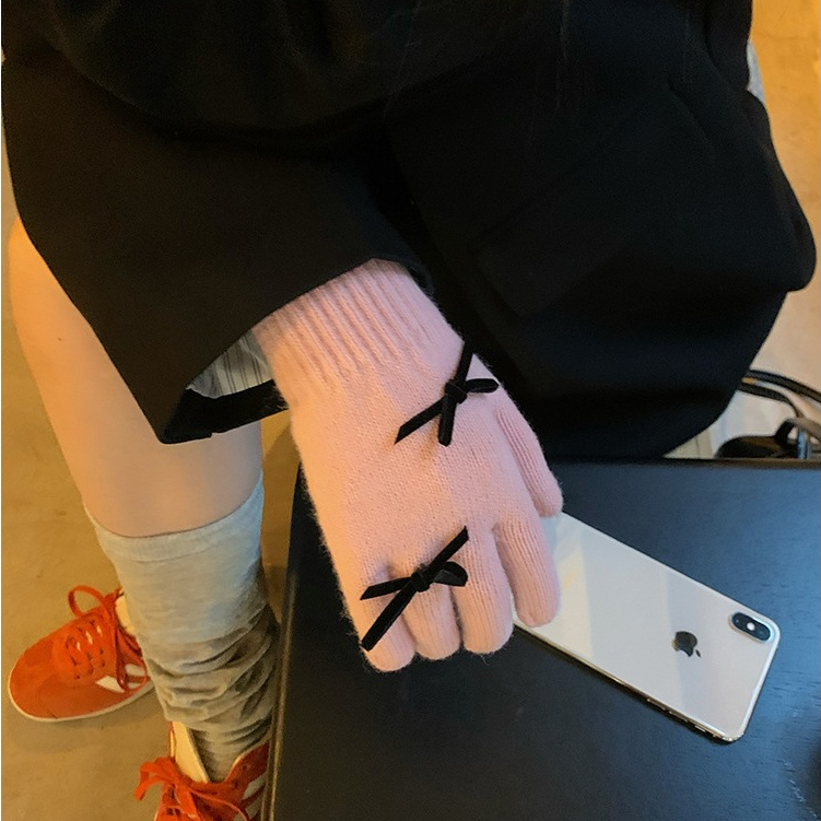 Găng tay len nữ Găng tay mùa đông giữ ấm đi xe máy, bao tay nữ hình nơ gấu ngôi sao gang tay vải chống lạnh mùa đông