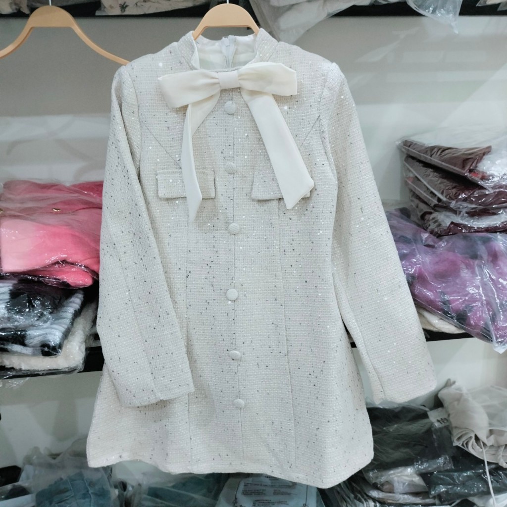 Váy dạ nữ phối cổ nơ, váy dạ tweed dáng chữ A váy nữ  trẻ trung. đi dự  tiệc, đi chơi siêu sang. Hàng  QCCC loại 1